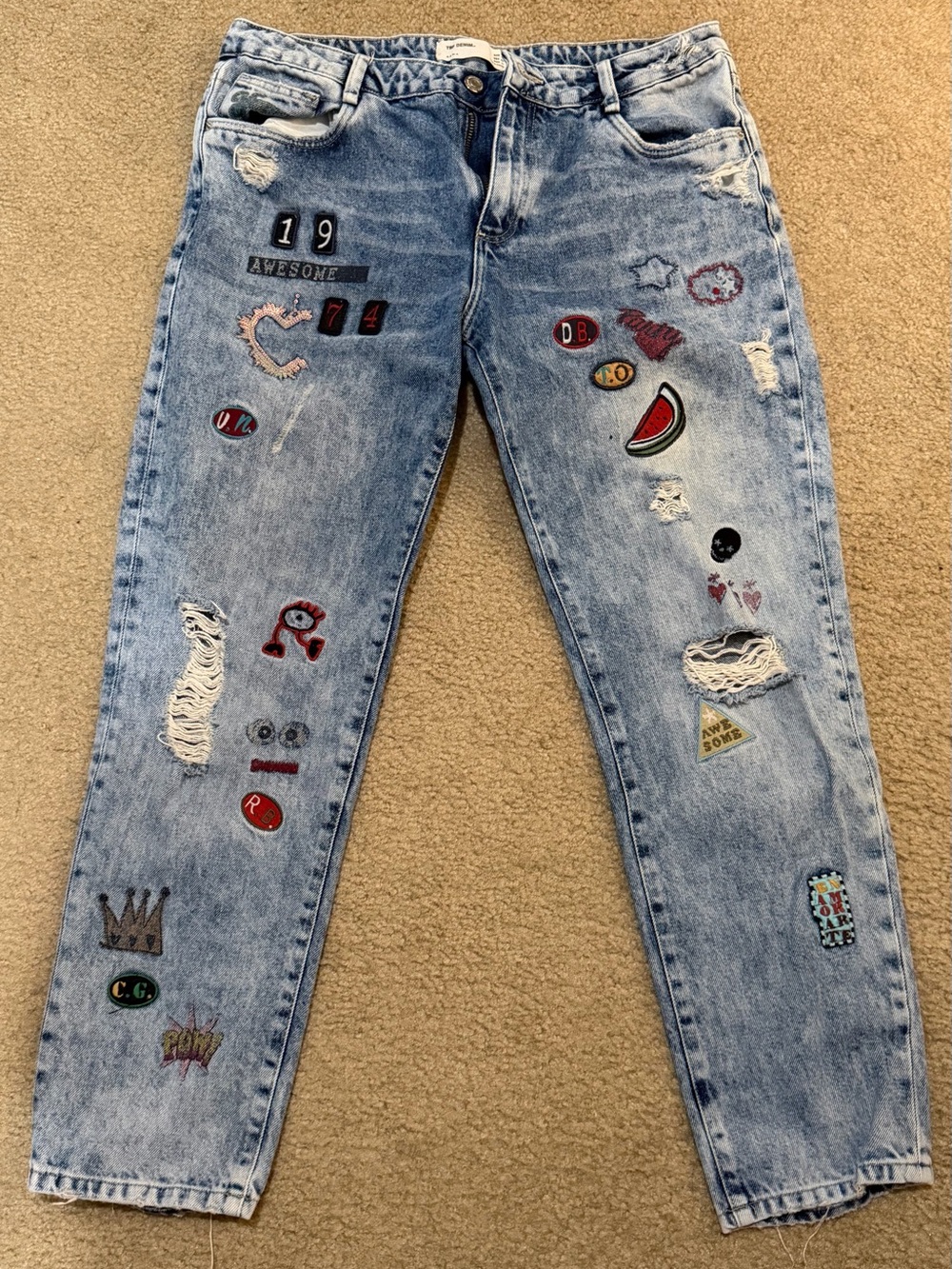Zara Light Blue Distressed Patchwork Boyfriend Jeans